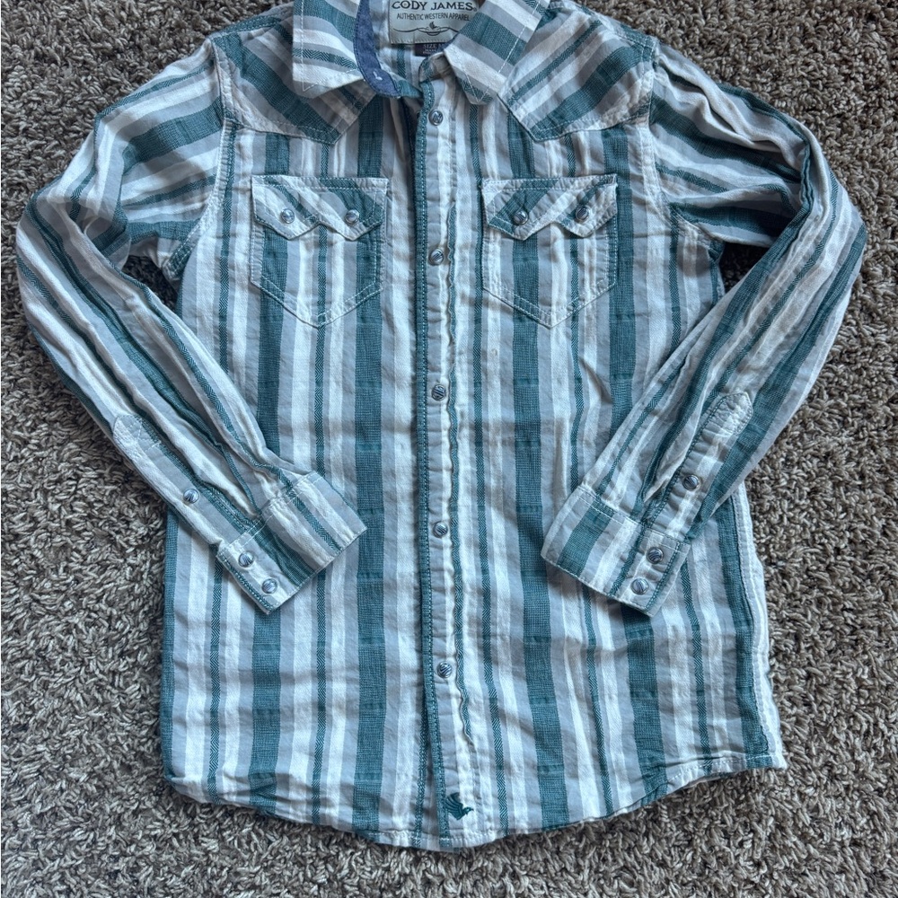 Cody James Kids Green and White Striped Button Down Shirt